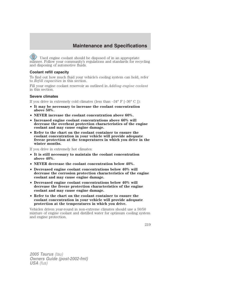 Coolant refill capacity, Severe climates, Maintenance and specifications | FORD 2005 Taurus v.3 User Manual | Page 219 / 256