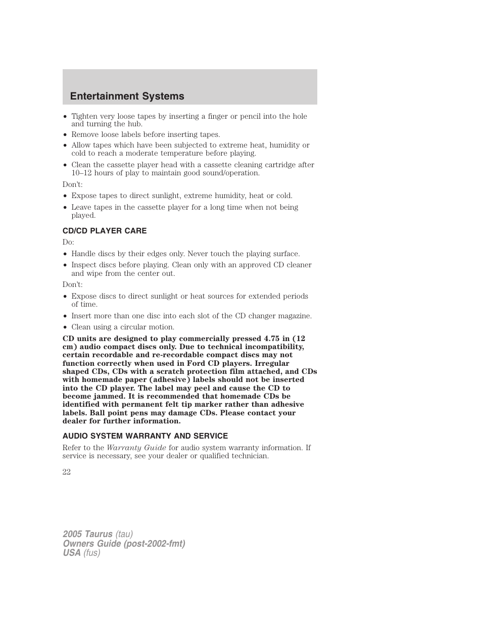 Cd/cd player care, Audio system warranty and service, Entertainment systems | FORD 2005 Taurus v.3 User Manual | Page 22 / 256