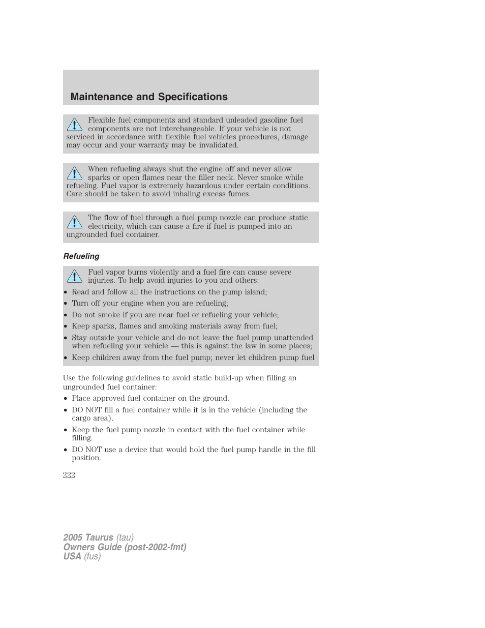 Refueling, Maintenance and specifications | FORD 2005 Taurus v.3 User Manual | Page 222 / 256