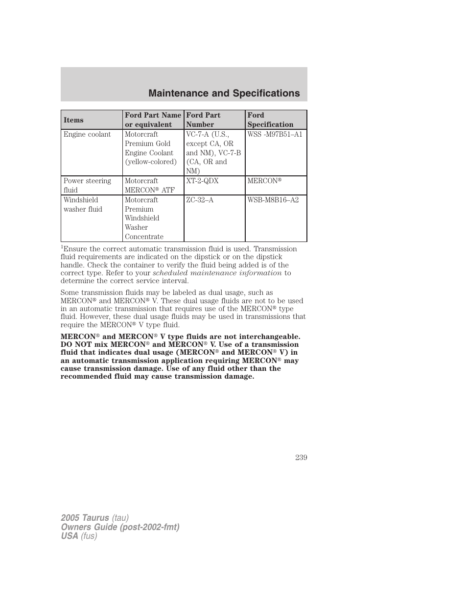 Maintenance and specifications | FORD 2005 Taurus v.3 User Manual | Page 239 / 256