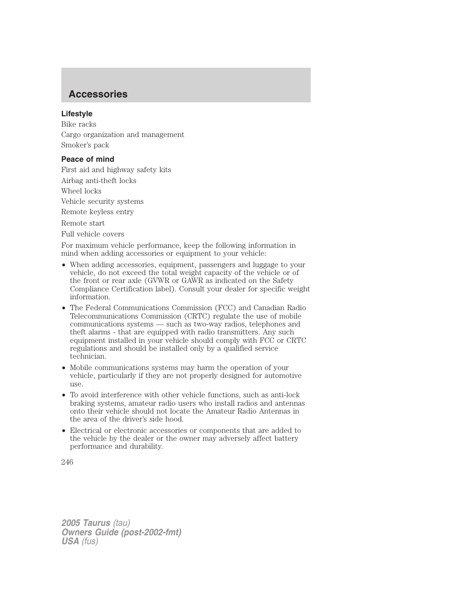 Lifestyle, Peace of mind, Accessories | FORD 2005 Taurus v.3 User Manual | Page 246 / 256