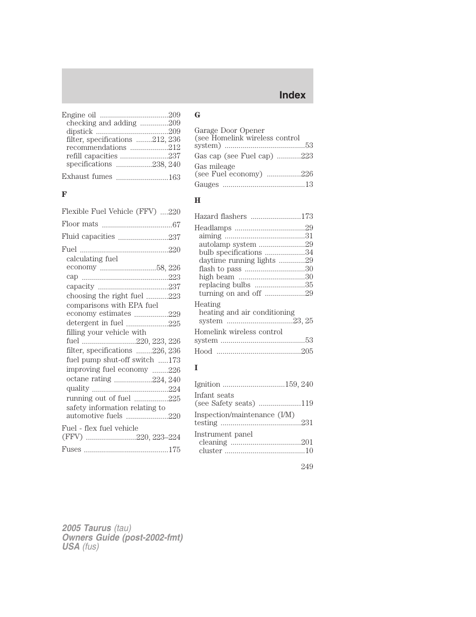 Index | FORD 2005 Taurus v.3 User Manual | Page 249 / 256