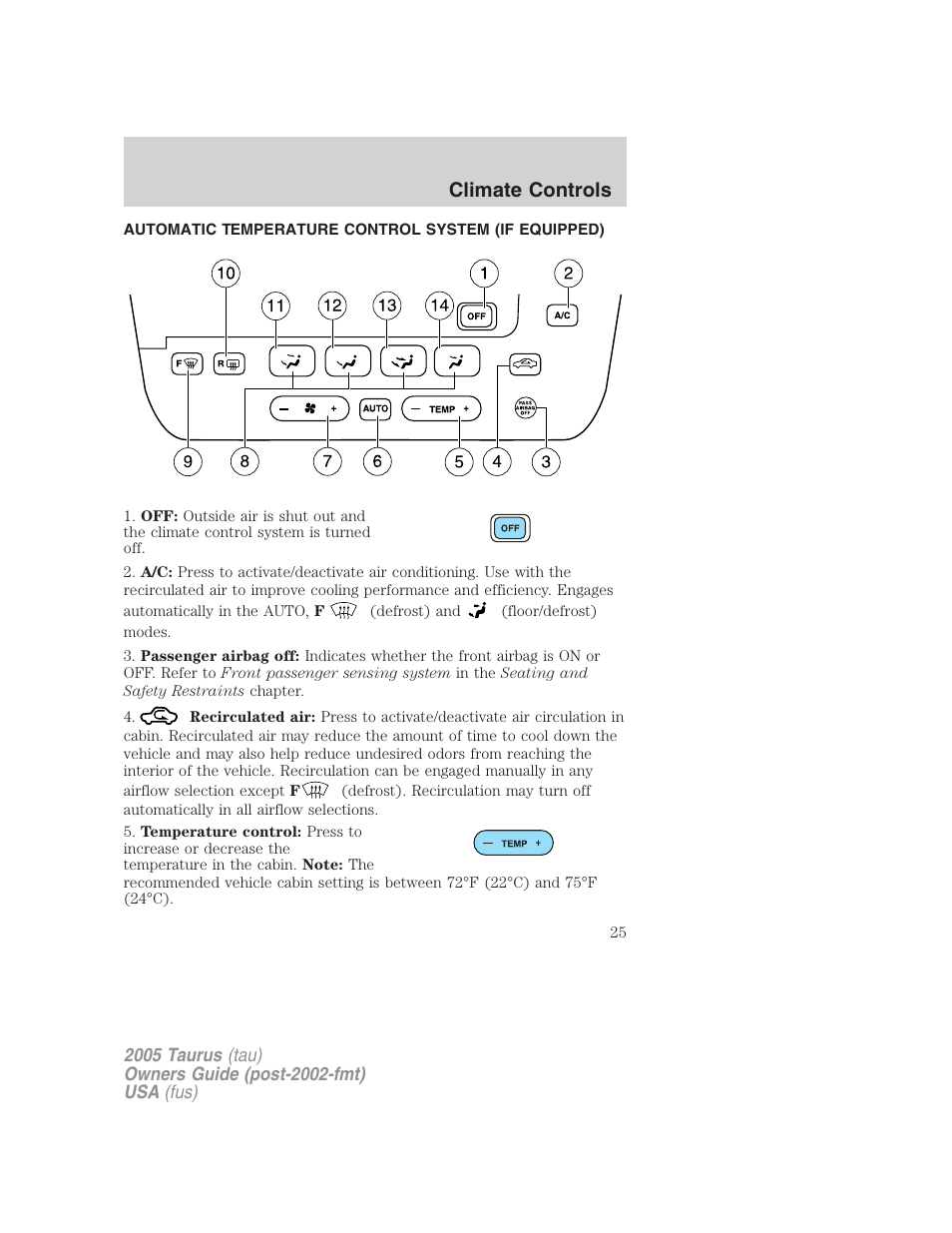 Automatic temperature control system (if equipped), Electronic automatic temperature control, Climate controls | FORD 2005 Taurus v.3 User Manual | Page 25 / 256
