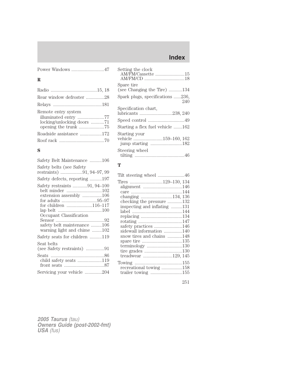 Index | FORD 2005 Taurus v.3 User Manual | Page 251 / 256