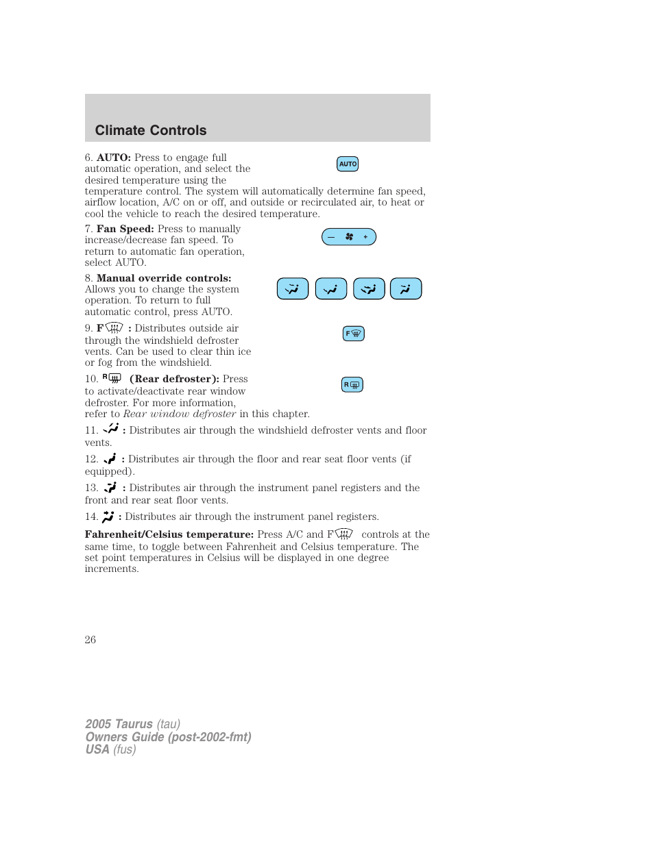 Climate controls | FORD 2005 Taurus v.3 User Manual | Page 26 / 256
