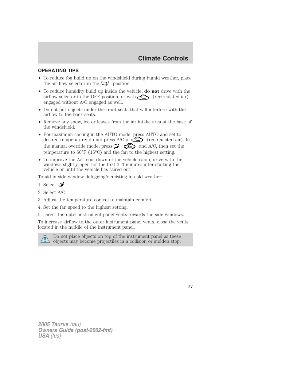 Operating tips, Climate controls | FORD 2005 Taurus v.3 User Manual | Page 27 / 256