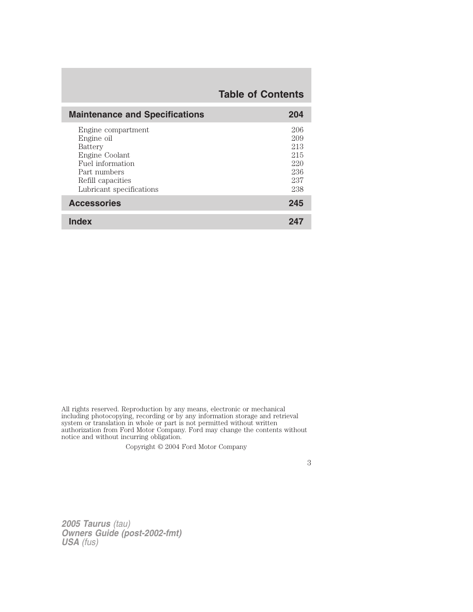 FORD 2005 Taurus v.3 User Manual | Page 3 / 256