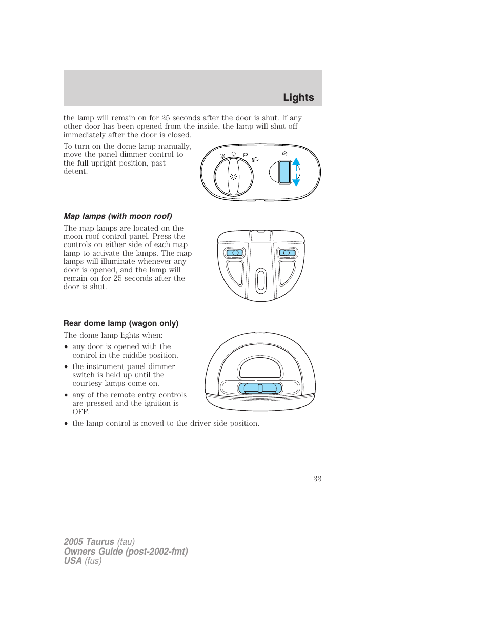 Map lamps (with moon roof), Rear dome lamp (wagon only), Lights | FORD 2005 Taurus v.3 User Manual | Page 33 / 256