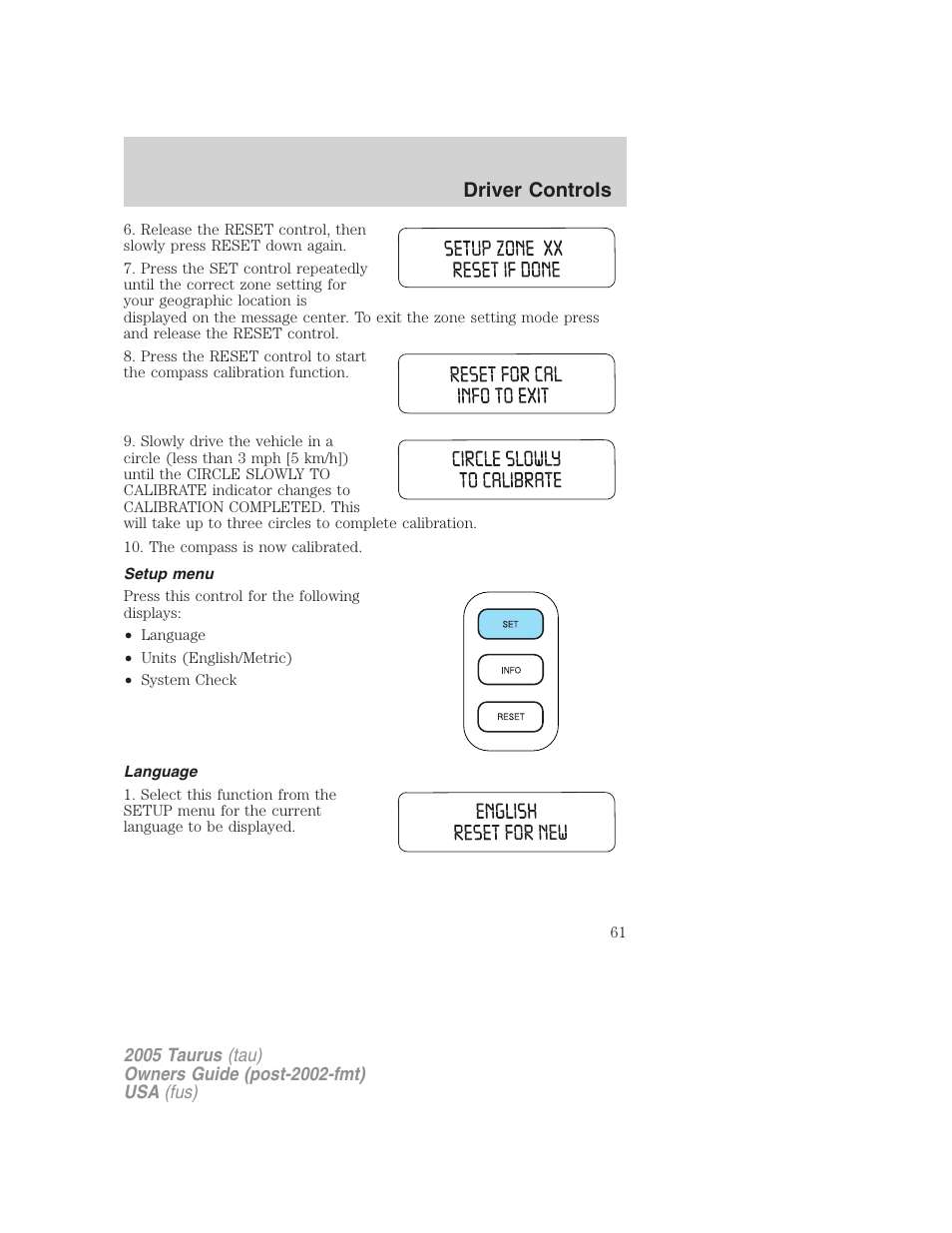 Setup menu, Language, Driver controls | FORD 2005 Taurus v.3 User Manual | Page 61 / 256