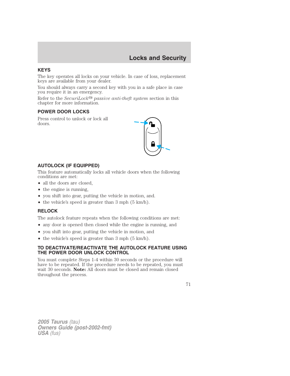 Locks and security, Keys, Power door locks | Autolock (if equipped), Relock, Locks | FORD 2005 Taurus v.3 User Manual | Page 71 / 256