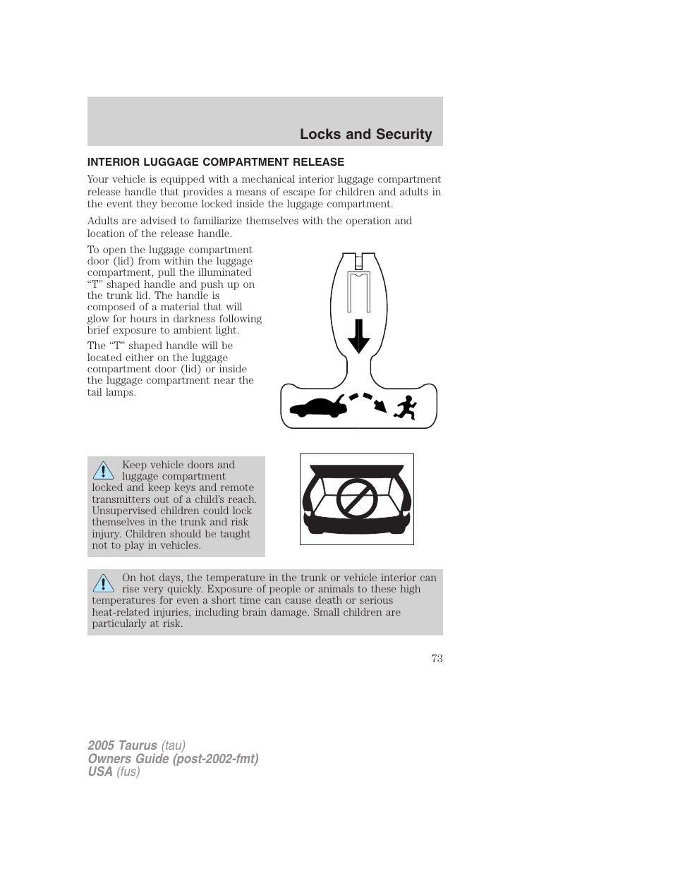 Interior luggage compartment release, Locks and security | FORD 2005 Taurus v.3 User Manual | Page 73 / 256