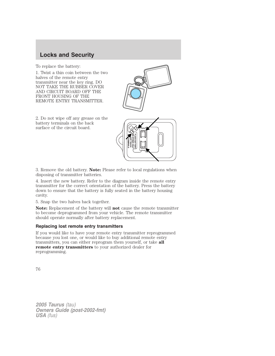 Replacing lost remote entry transmitters, Locks and security | FORD 2005 Taurus v.3 User Manual | Page 76 / 256