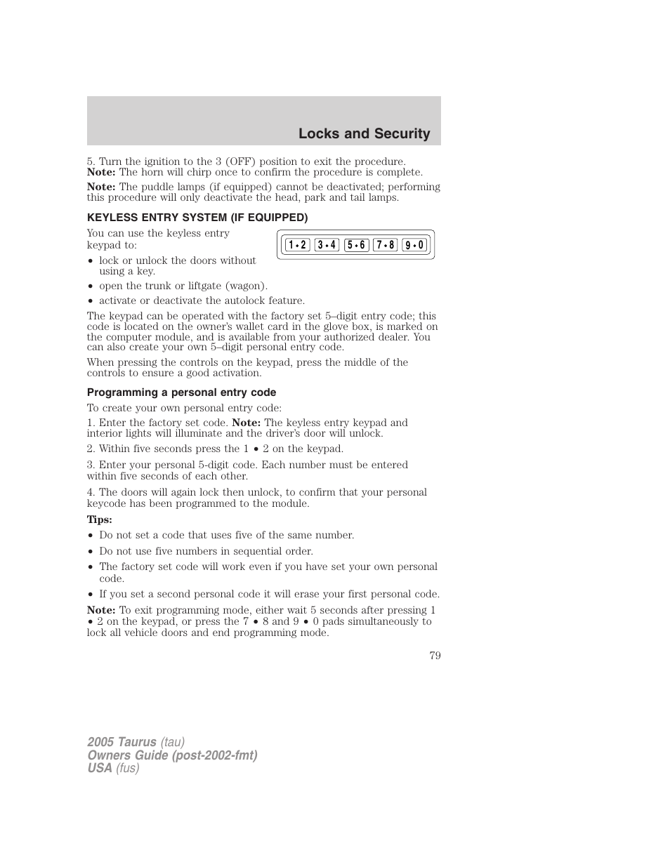 Keyless entry system (if equipped), Programming a personal entry code, Locks and security | FORD 2005 Taurus v.3 User Manual | Page 79 / 256