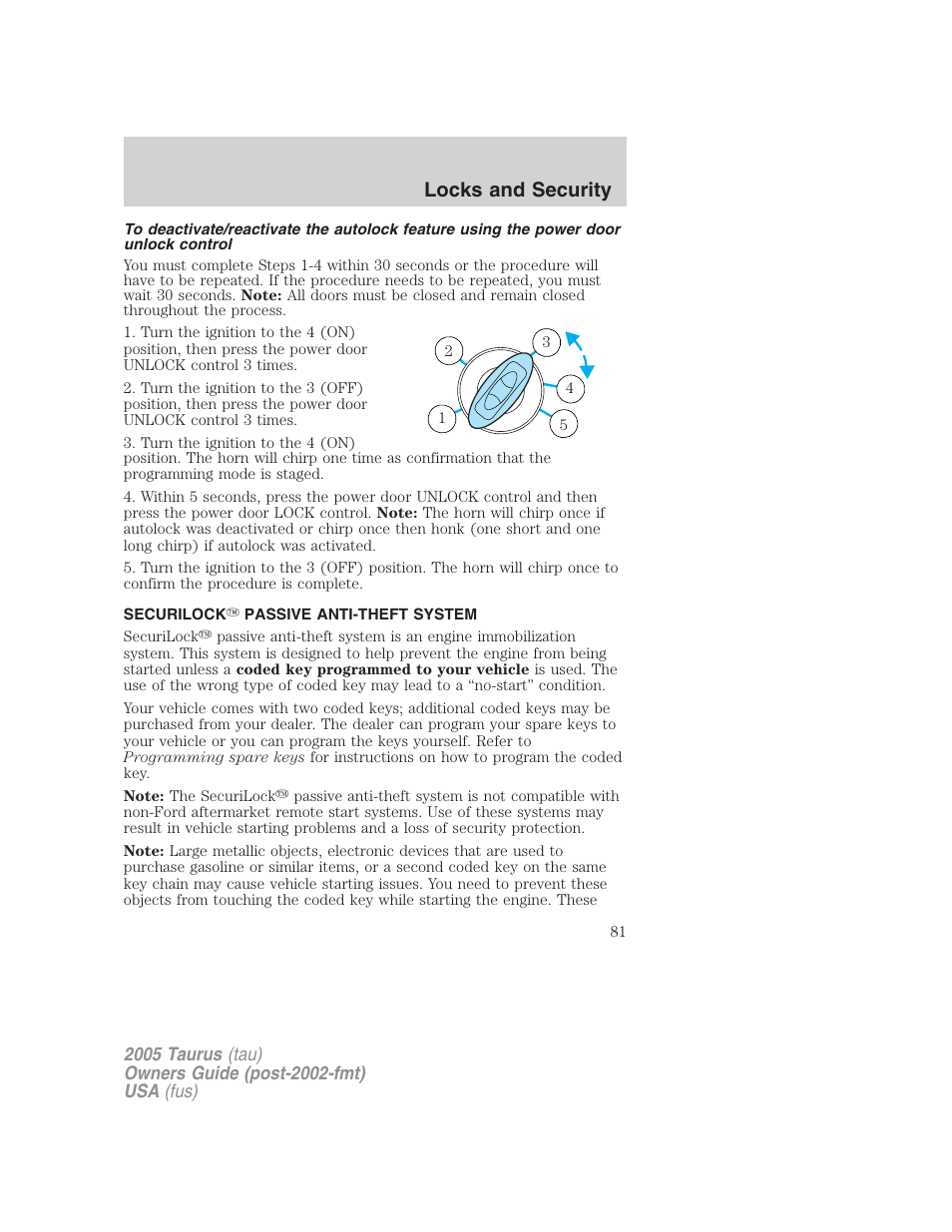 Securilock passive anti-theft system, Anti-theft system, Locks and security | FORD 2005 Taurus v.3 User Manual | Page 81 / 256