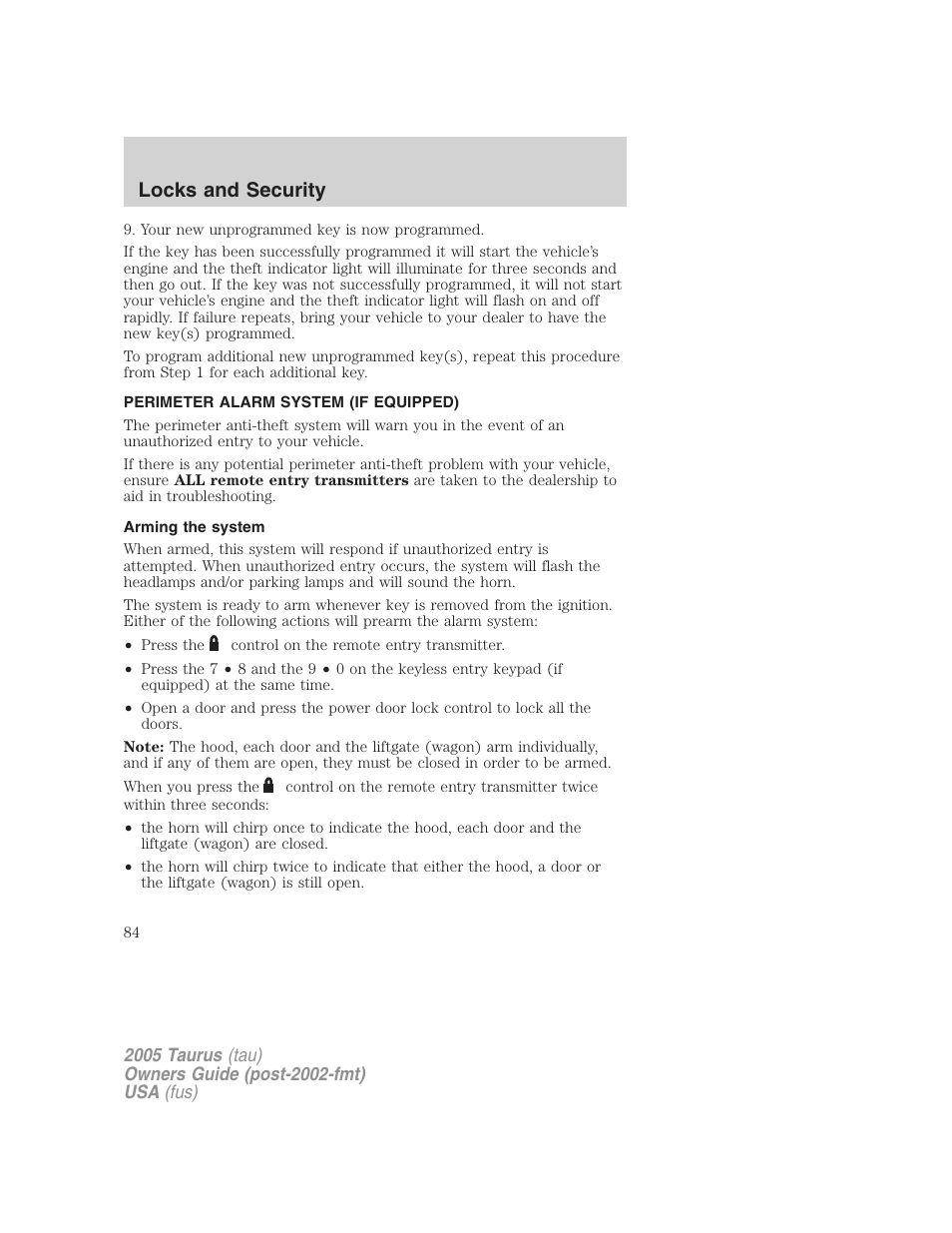 Perimeter alarm system (if equipped), Arming the system, Locks and security | FORD 2005 Taurus v.3 User Manual | Page 84 / 256