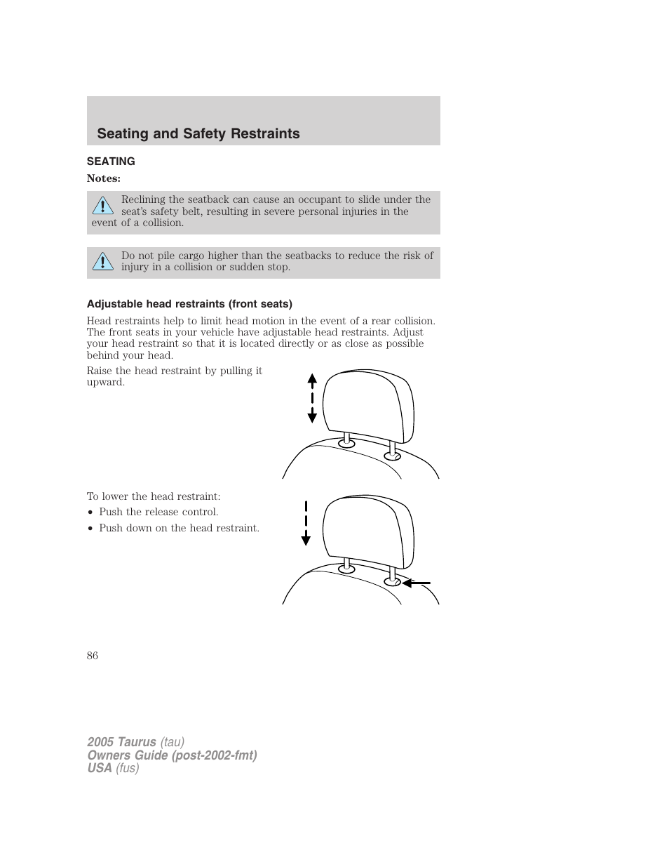 Seating and safety restraints, Seating, Adjustable head restraints (front seats) | FORD 2005 Taurus v.3 User Manual | Page 86 / 256