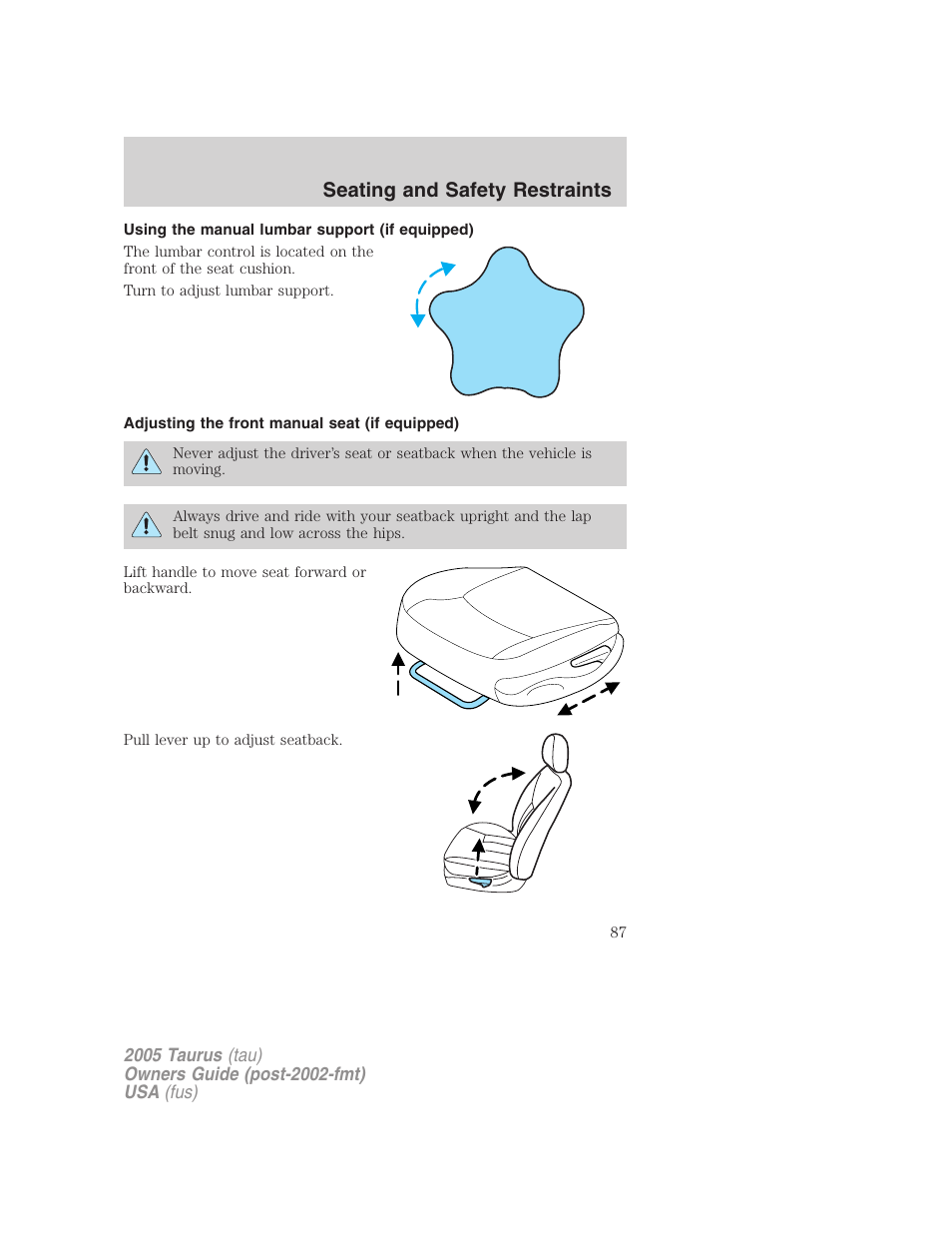 Using the manual lumbar support (if equipped), Adjusting the front manual seat (if equipped), Seating and safety restraints | FORD 2005 Taurus v.3 User Manual | Page 87 / 256