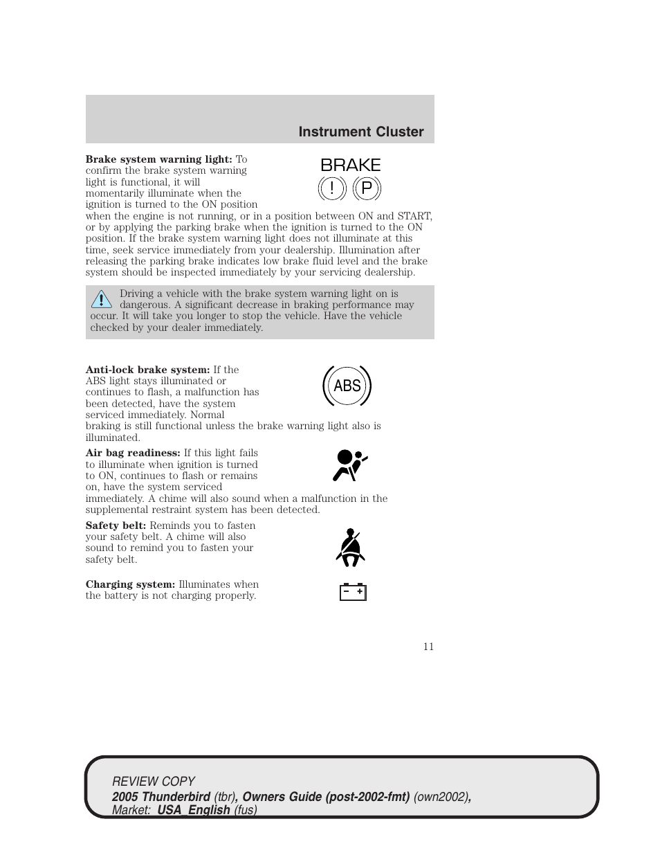 P! brake abs | FORD 2005 Thunderbird v.1 User Manual | Page 11 / 224
