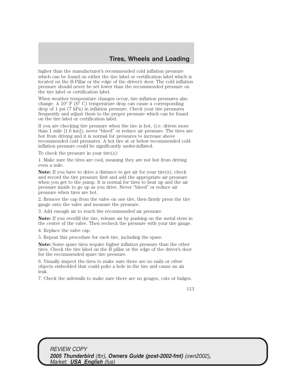 Tires, wheels and loading | FORD 2005 Thunderbird v.1 User Manual | Page 113 / 224