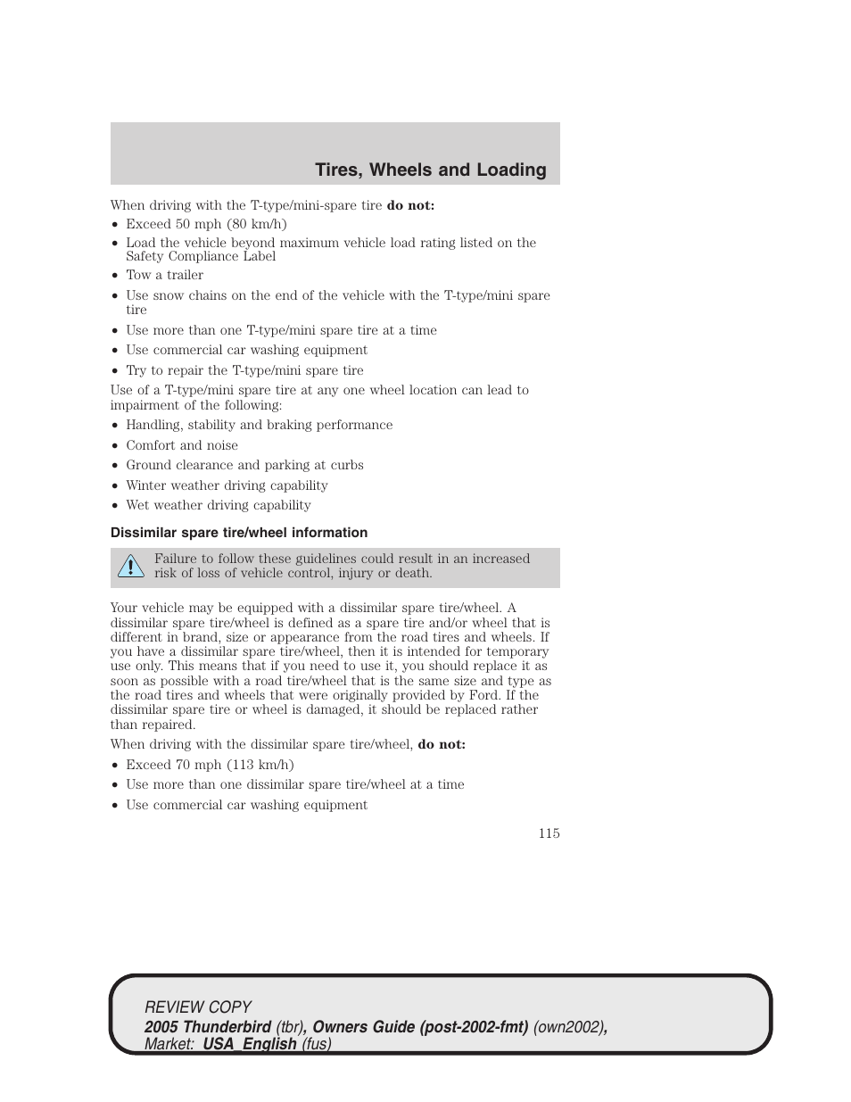 Tires, wheels and loading | FORD 2005 Thunderbird v.1 User Manual | Page 115 / 224