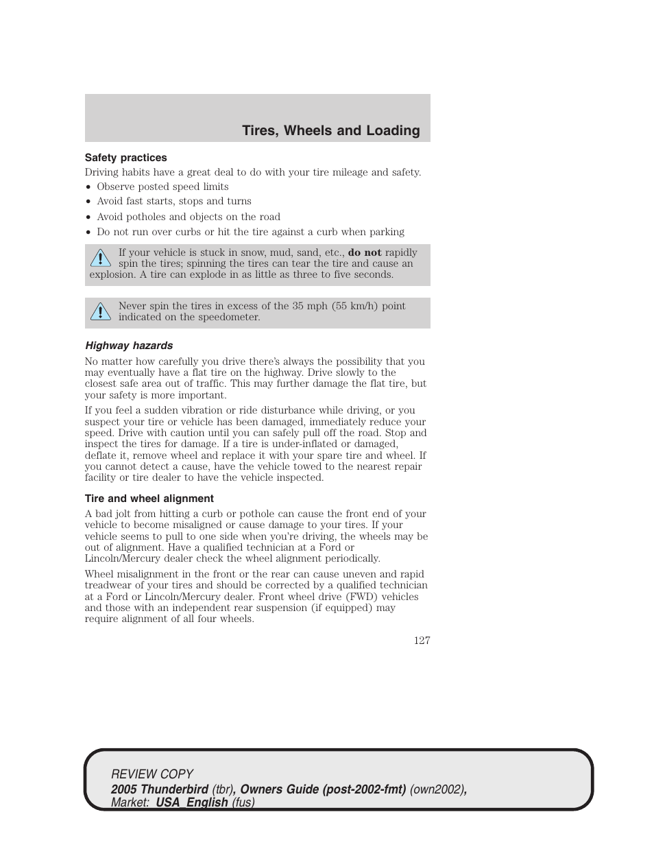 Tires, wheels and loading | FORD 2005 Thunderbird v.1 User Manual | Page 127 / 224