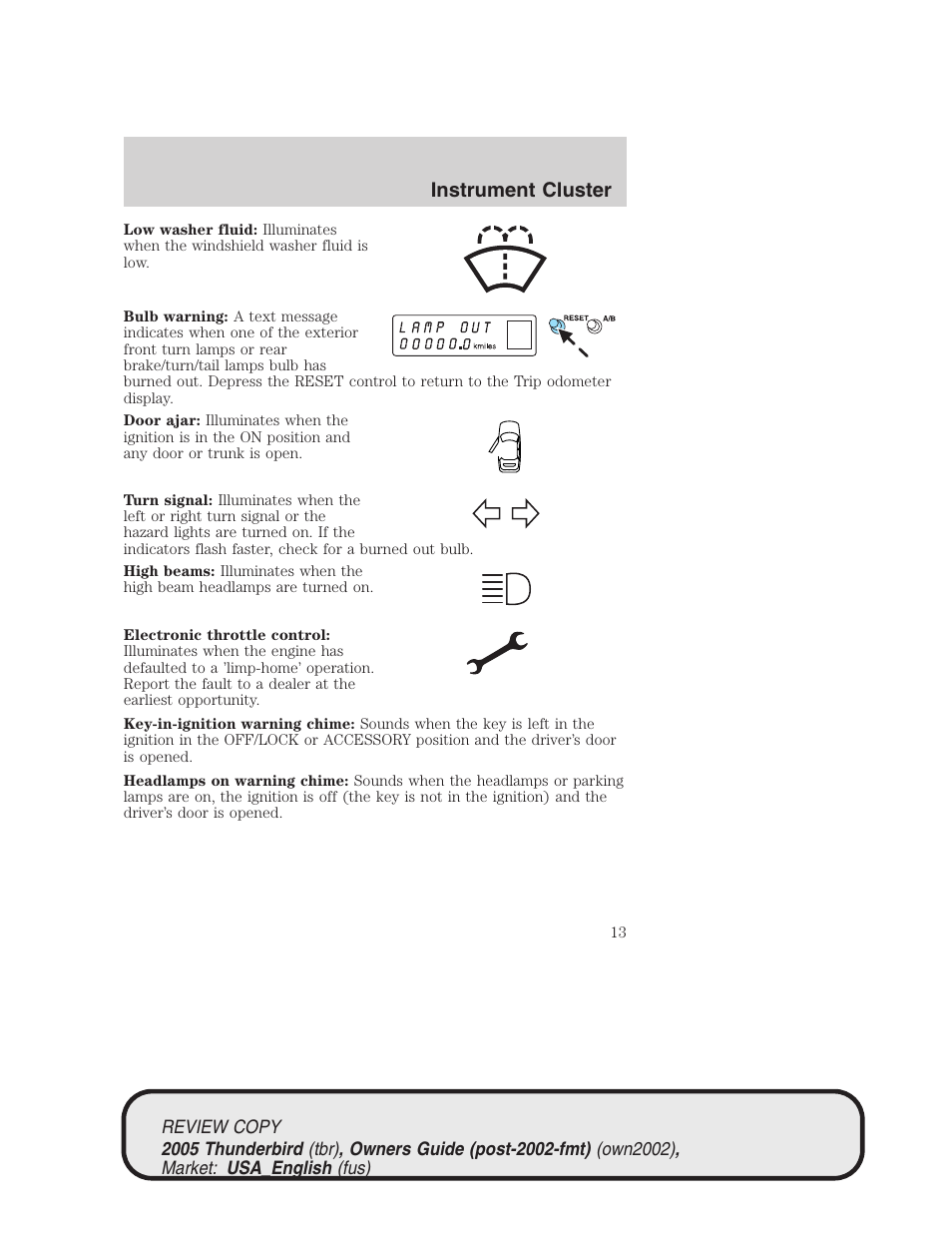 Instrument cluster | FORD 2005 Thunderbird v.1 User Manual | Page 13 / 224