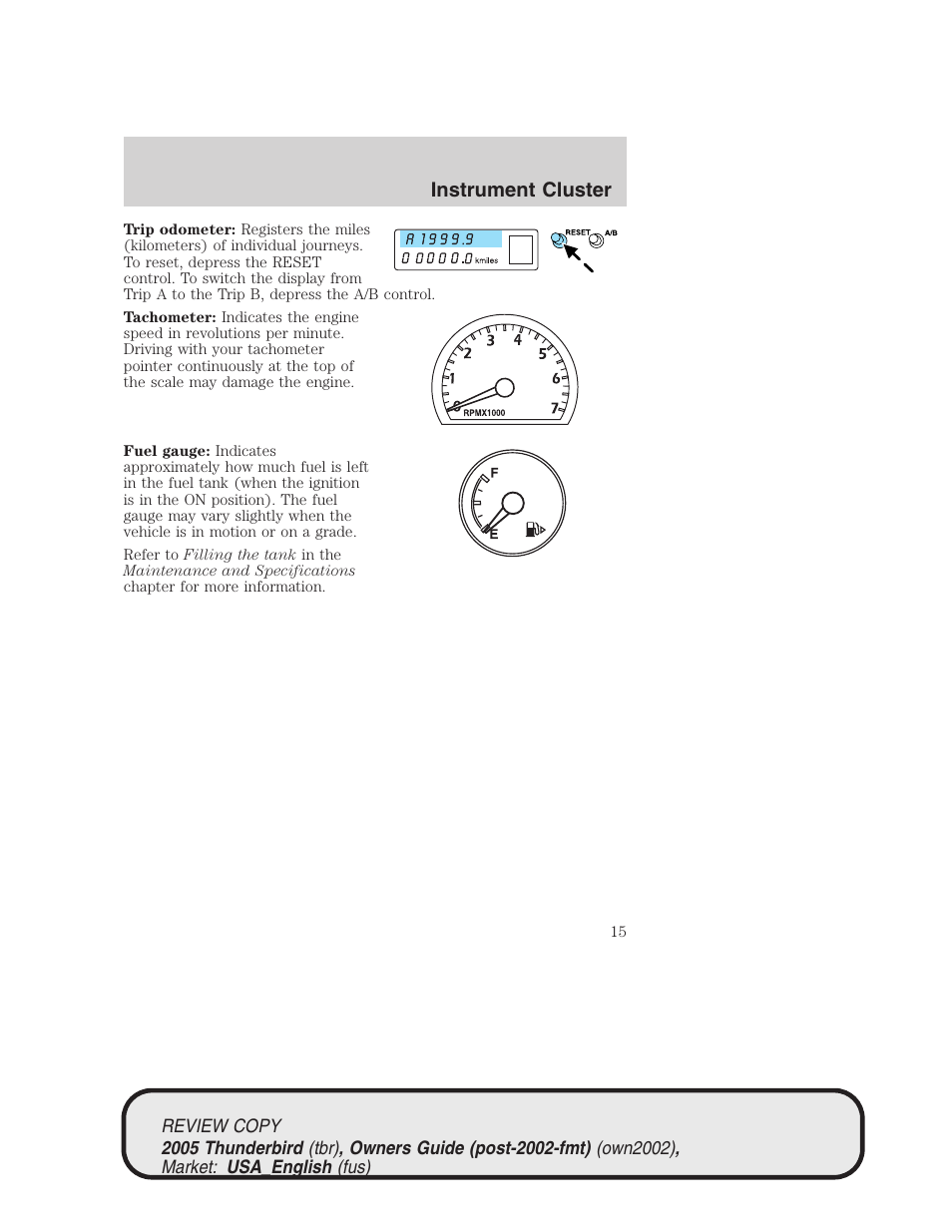 Instrument cluster | FORD 2005 Thunderbird v.1 User Manual | Page 15 / 224