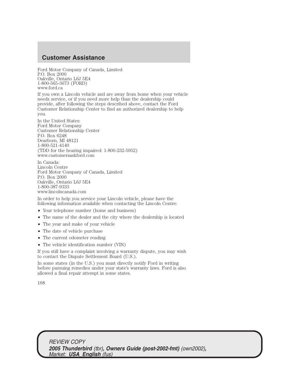 Customer assistance | FORD 2005 Thunderbird v.1 User Manual | Page 168 / 224