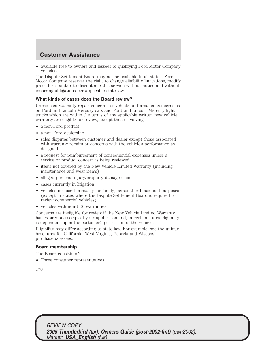 Customer assistance | FORD 2005 Thunderbird v.1 User Manual | Page 170 / 224