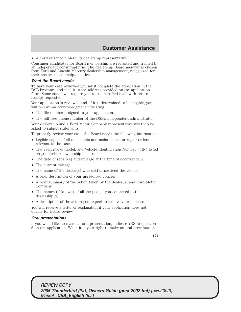 Customer assistance | FORD 2005 Thunderbird v.1 User Manual | Page 171 / 224