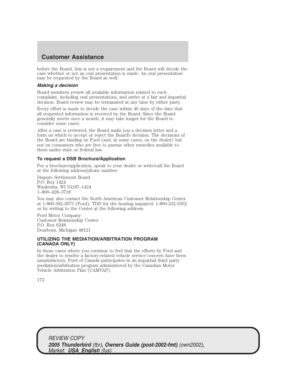 Customer assistance | FORD 2005 Thunderbird v.1 User Manual | Page 172 / 224