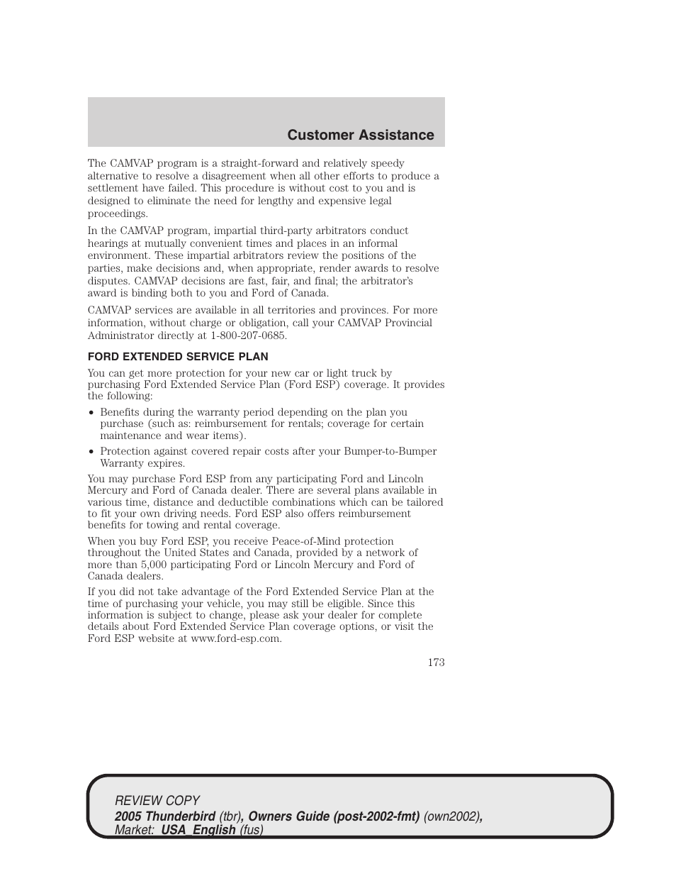 Customer assistance | FORD 2005 Thunderbird v.1 User Manual | Page 173 / 224