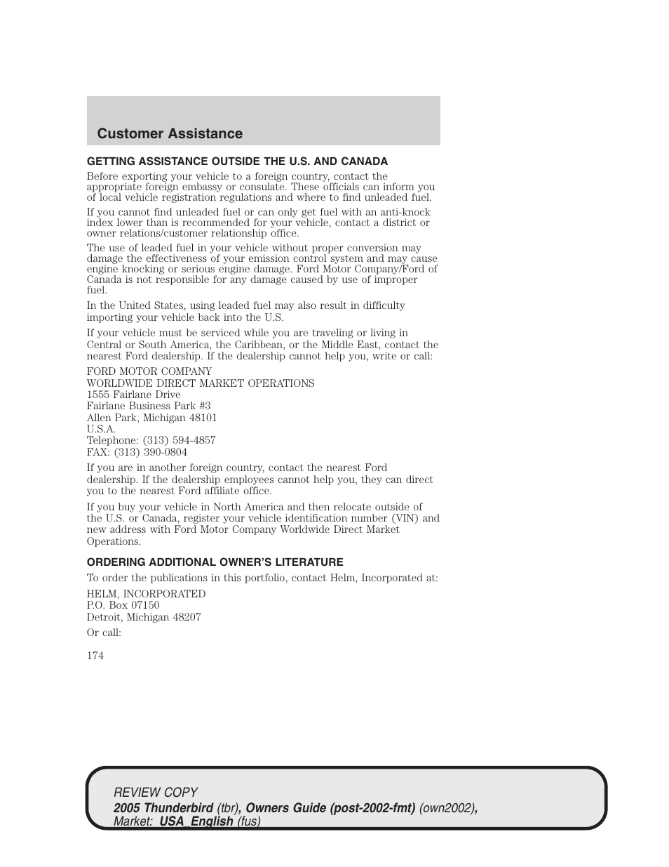 Customer assistance | FORD 2005 Thunderbird v.1 User Manual | Page 174 / 224