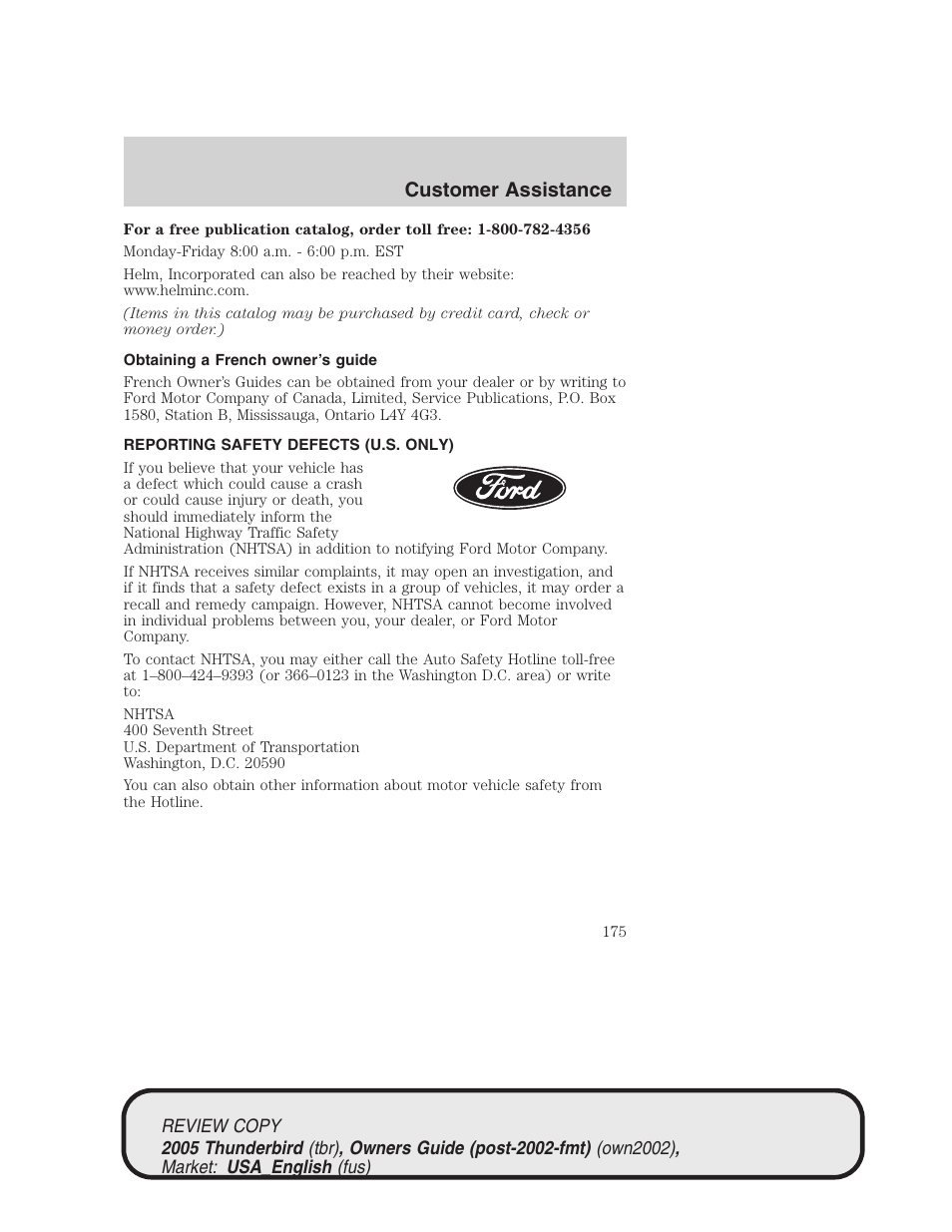 Customer assistance | FORD 2005 Thunderbird v.1 User Manual | Page 175 / 224