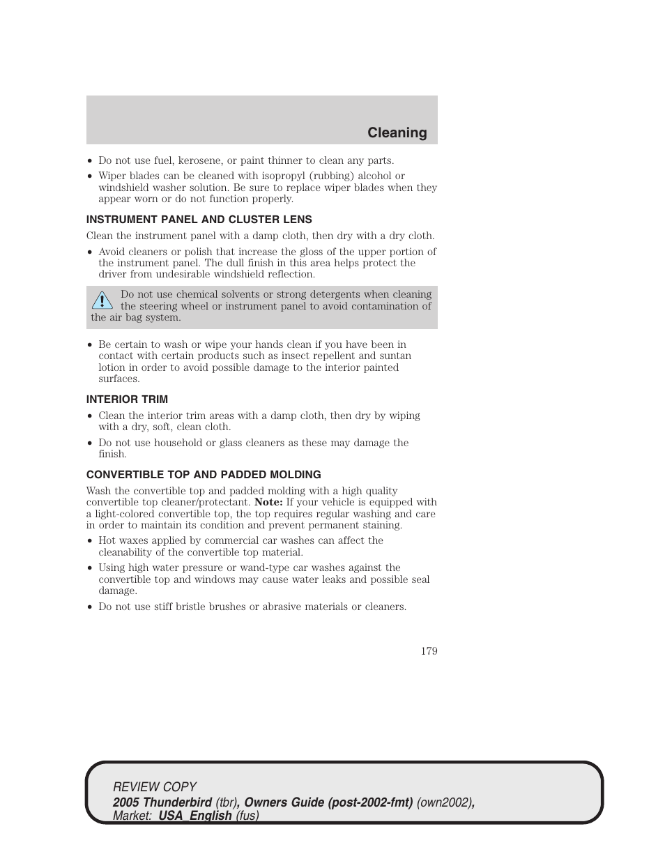 Cleaning | FORD 2005 Thunderbird v.1 User Manual | Page 179 / 224
