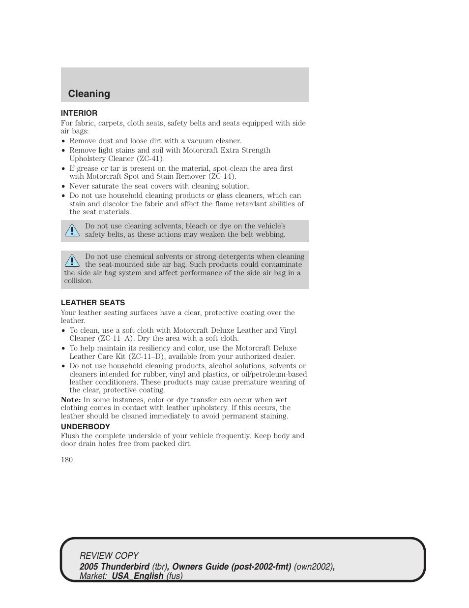 Cleaning | FORD 2005 Thunderbird v.1 User Manual | Page 180 / 224