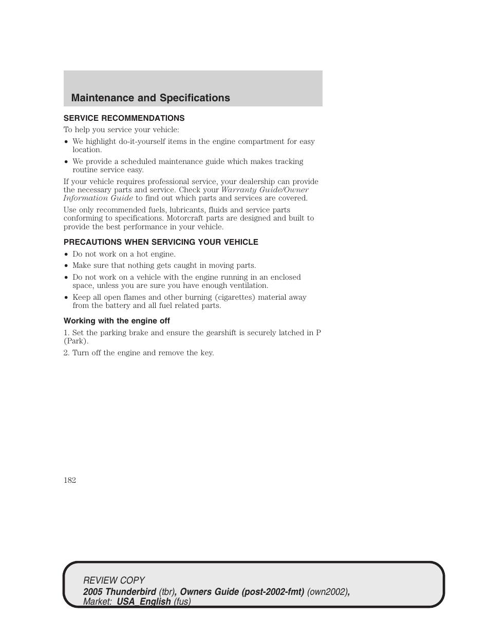 Maintenance and specifications | FORD 2005 Thunderbird v.1 User Manual | Page 182 / 224