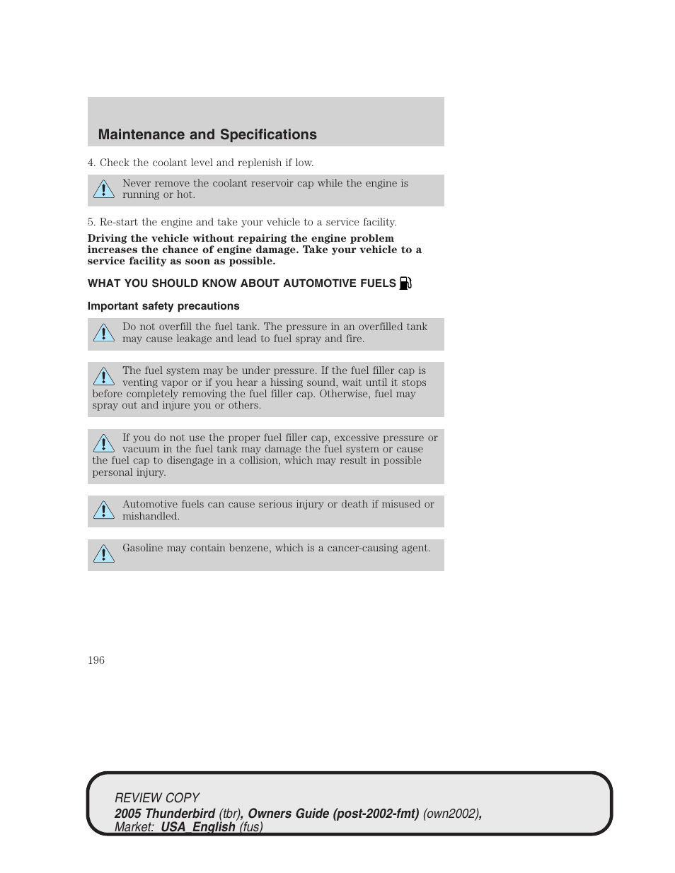 Maintenance and specifications | FORD 2005 Thunderbird v.1 User Manual | Page 196 / 224