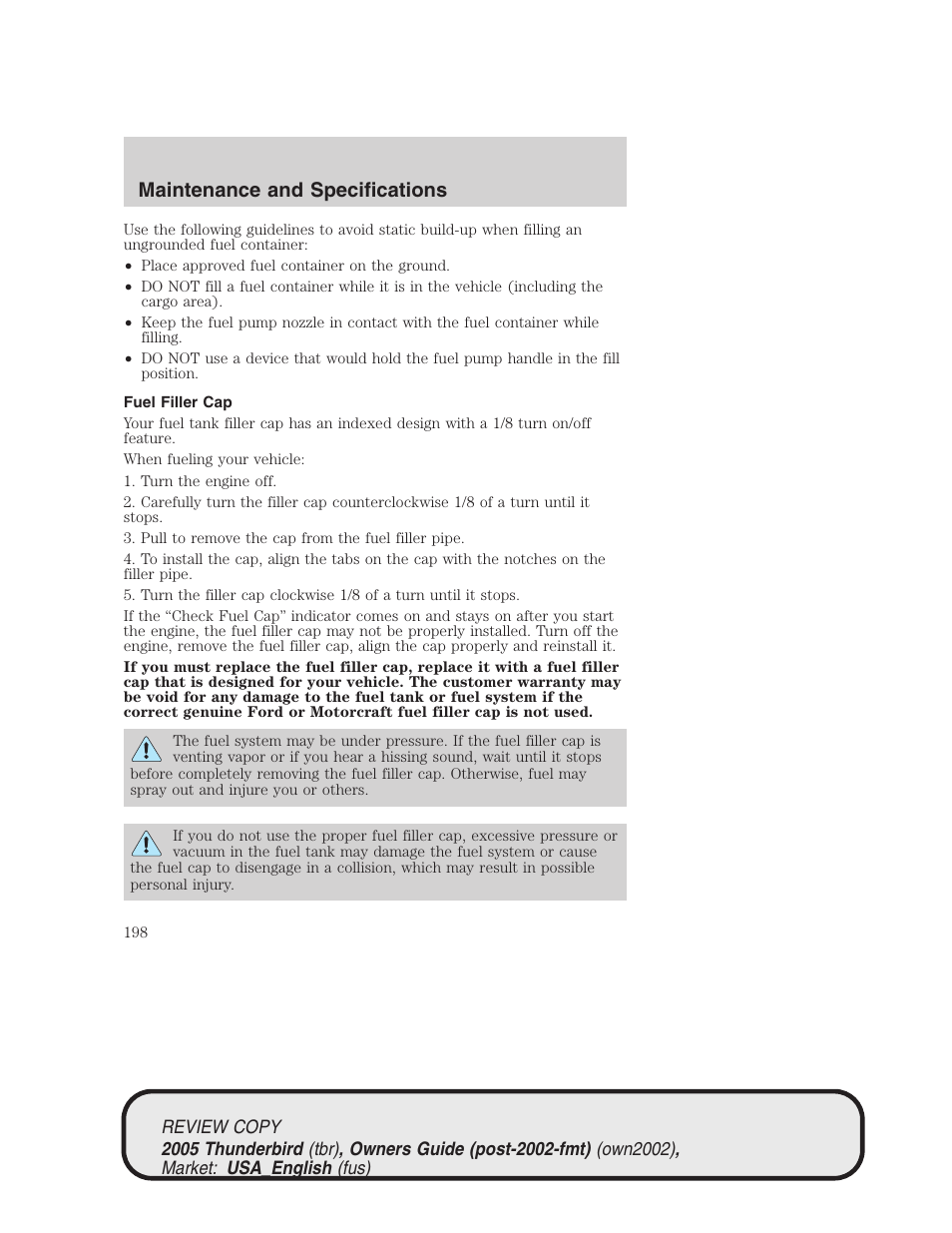 Maintenance and specifications | FORD 2005 Thunderbird v.1 User Manual | Page 198 / 224