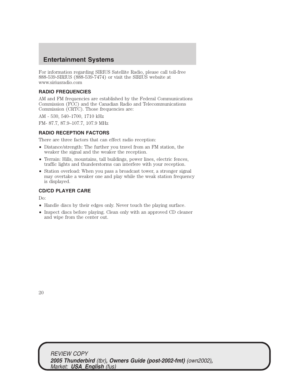 Entertainment systems | FORD 2005 Thunderbird v.1 User Manual | Page 20 / 224