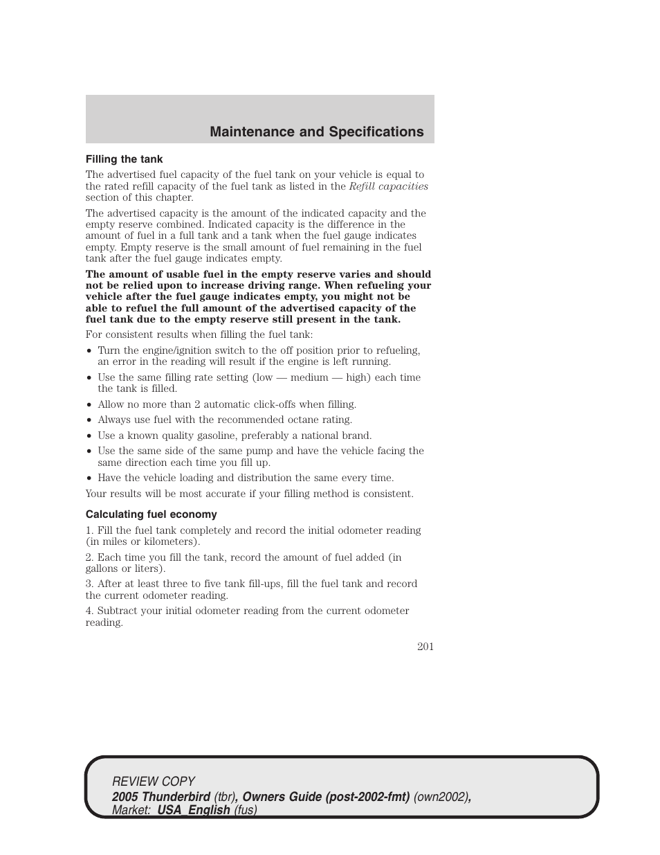 Maintenance and specifications | FORD 2005 Thunderbird v.1 User Manual | Page 201 / 224