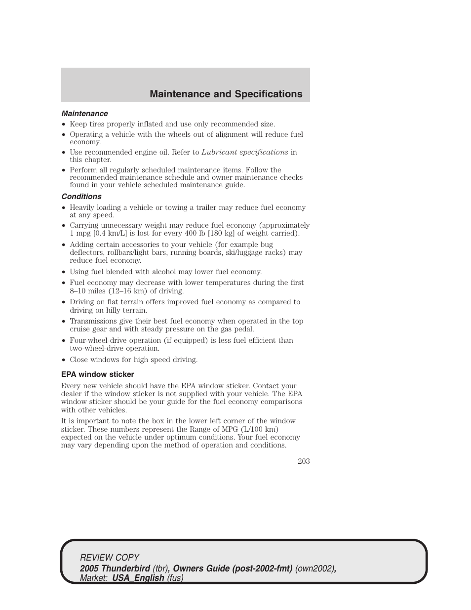 Maintenance and specifications | FORD 2005 Thunderbird v.1 User Manual | Page 203 / 224