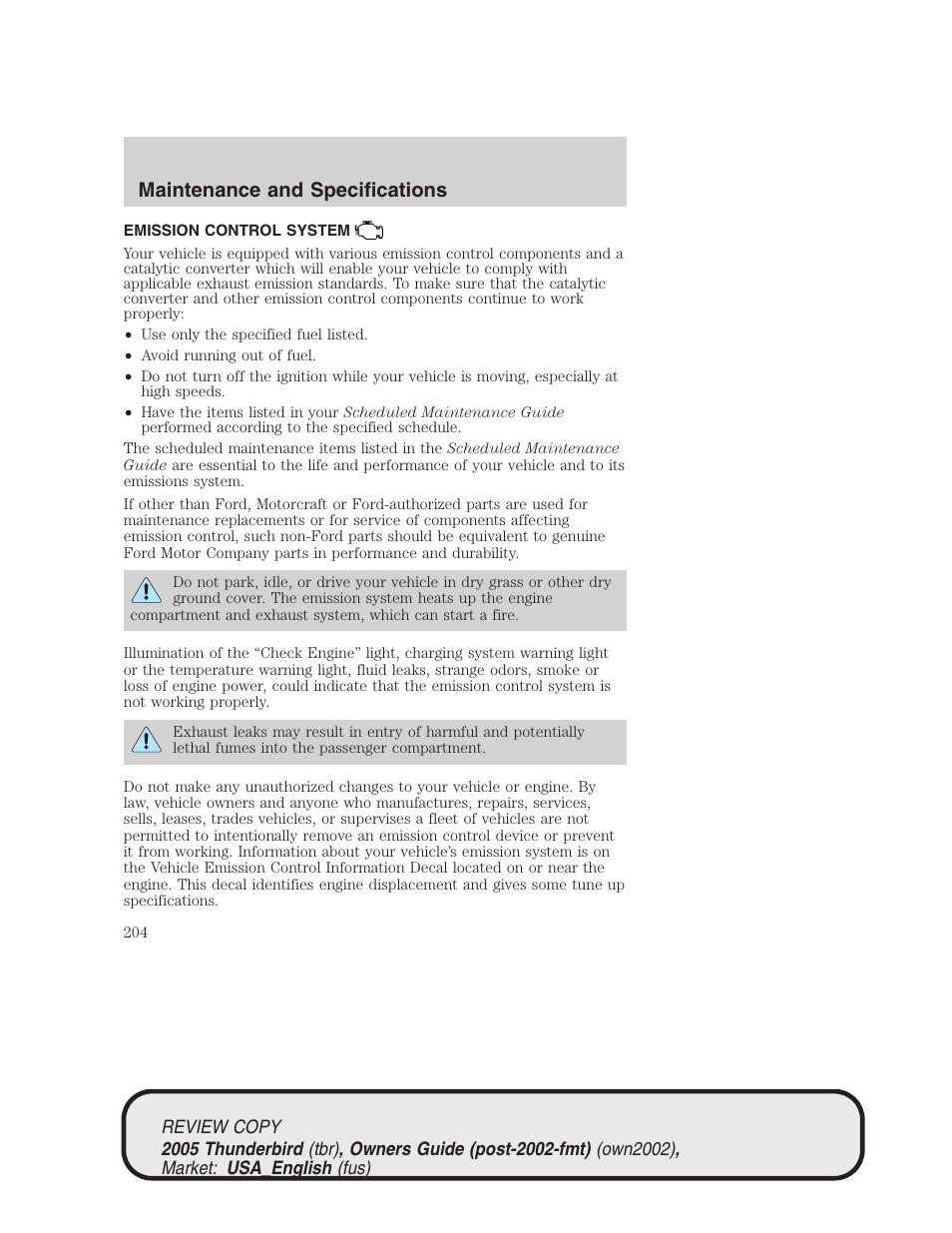 Maintenance and specifications | FORD 2005 Thunderbird v.1 User Manual | Page 204 / 224