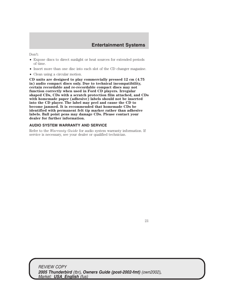 Entertainment systems | FORD 2005 Thunderbird v.1 User Manual | Page 21 / 224