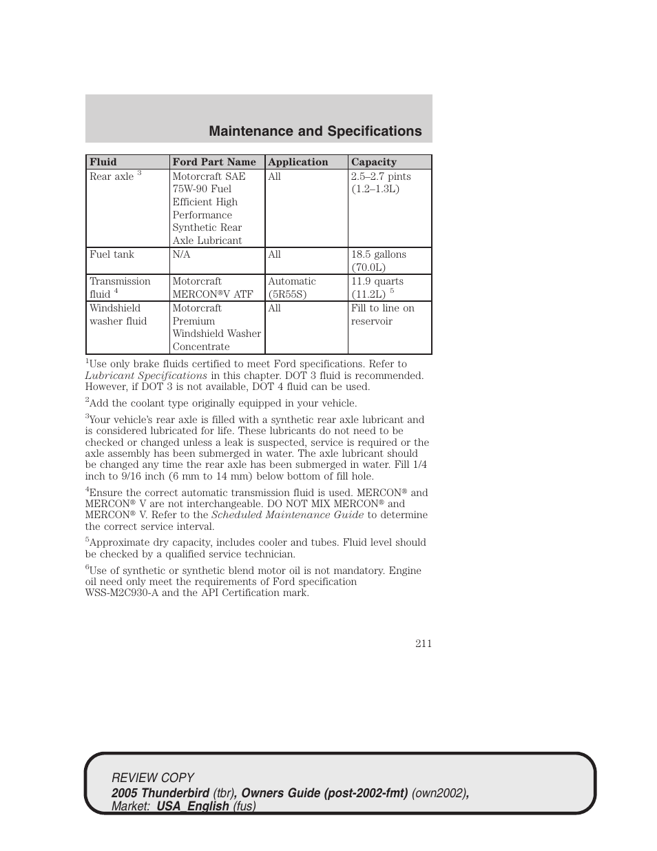 Maintenance and specifications | FORD 2005 Thunderbird v.1 User Manual | Page 211 / 224