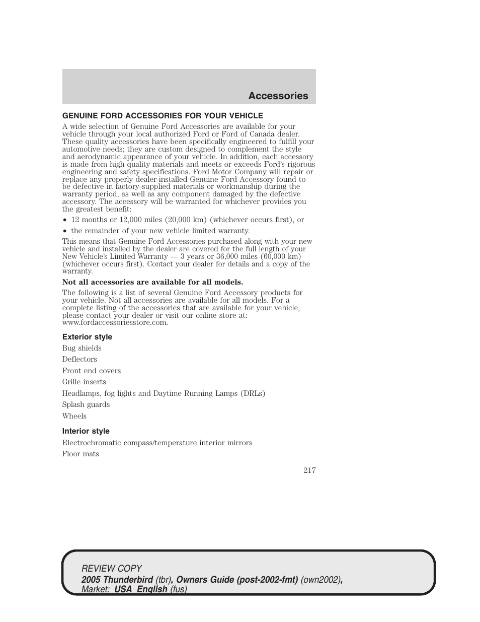 Accessories | FORD 2005 Thunderbird v.1 User Manual | Page 217 / 224