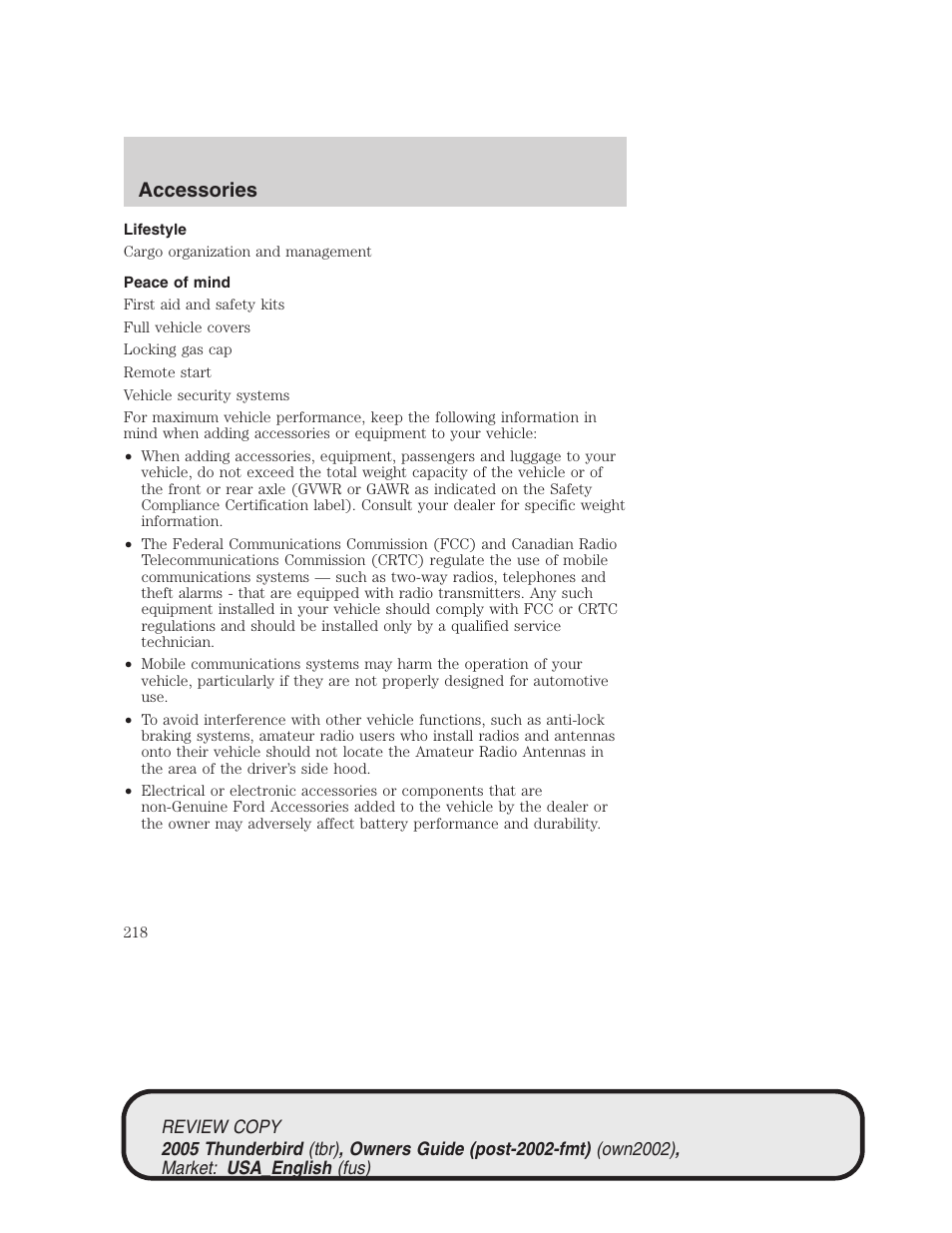 Accessories | FORD 2005 Thunderbird v.1 User Manual | Page 218 / 224