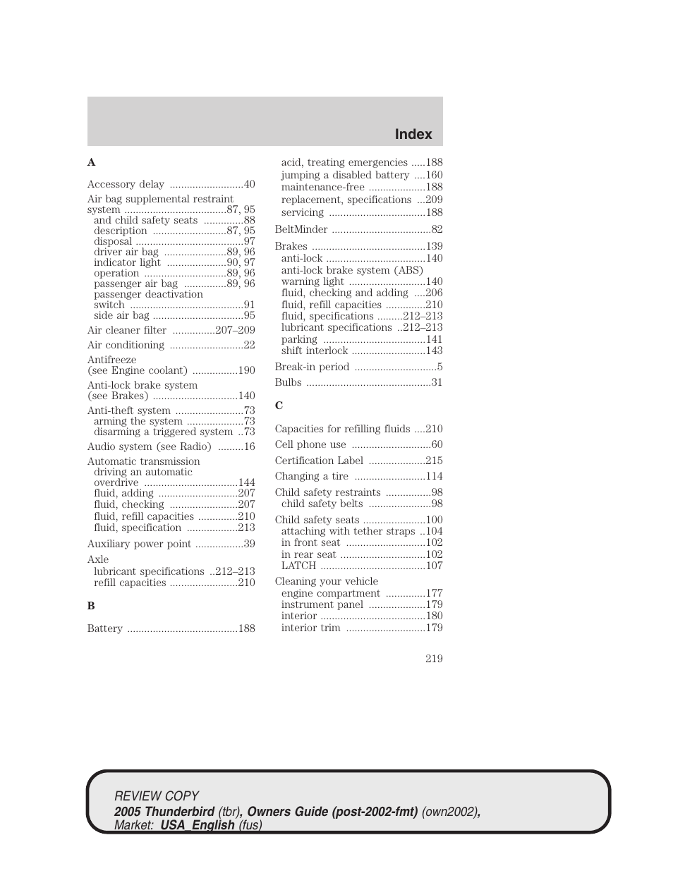 Index | FORD 2005 Thunderbird v.1 User Manual | Page 219 / 224