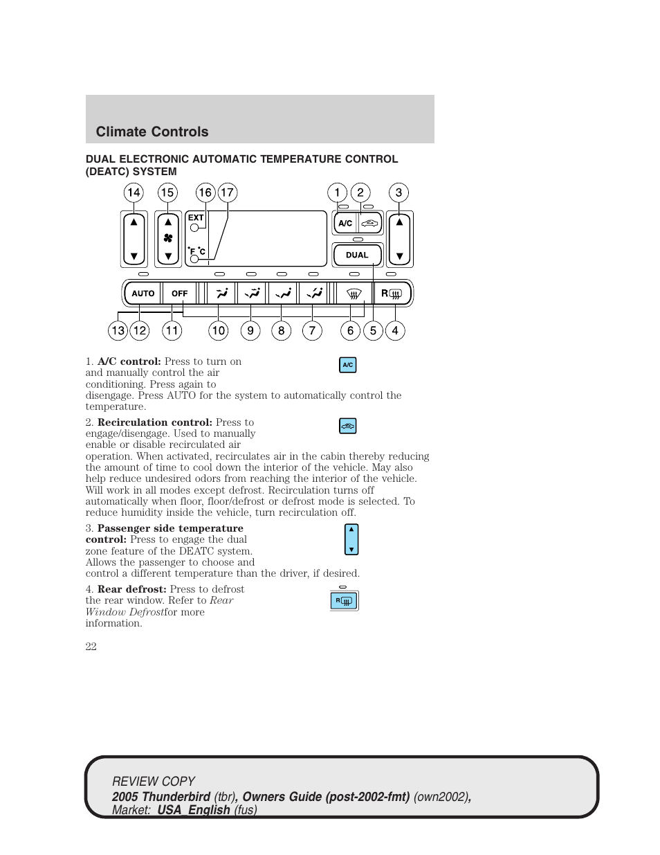 Climate controls | FORD 2005 Thunderbird v.1 User Manual | Page 22 / 224