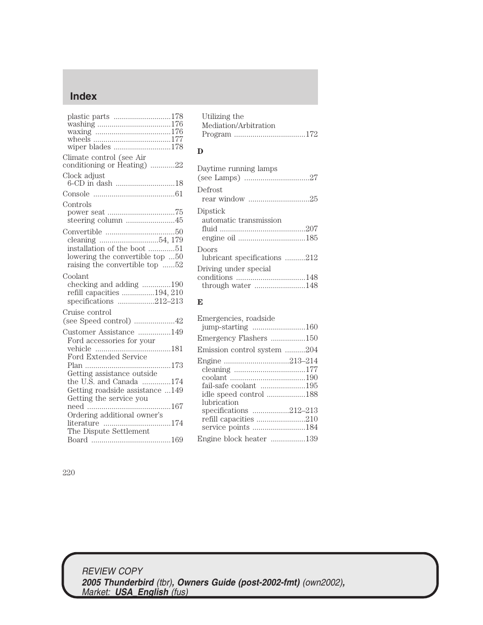 Index | FORD 2005 Thunderbird v.1 User Manual | Page 220 / 224